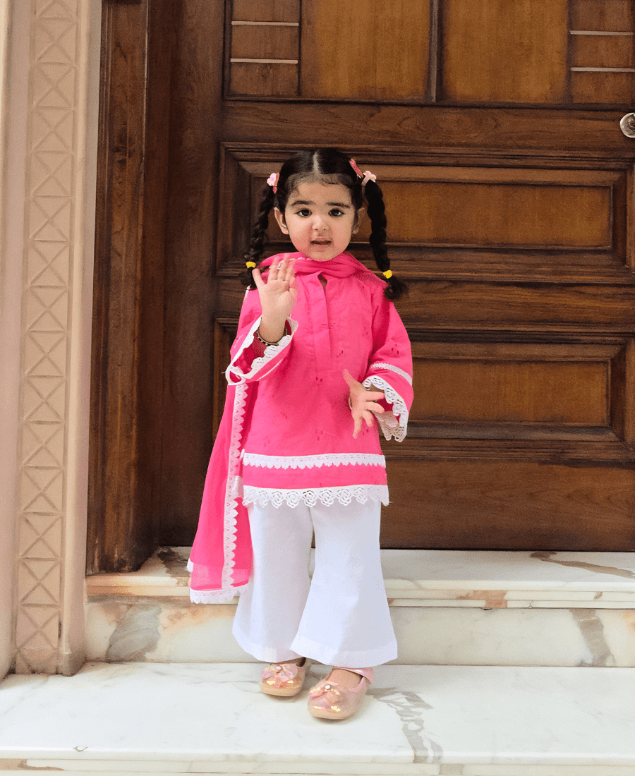 Ireshh Noor Kids Hakoba Suit Set – Pink Cotton Kurti with White Palazzo & Dupatta - Image 4
