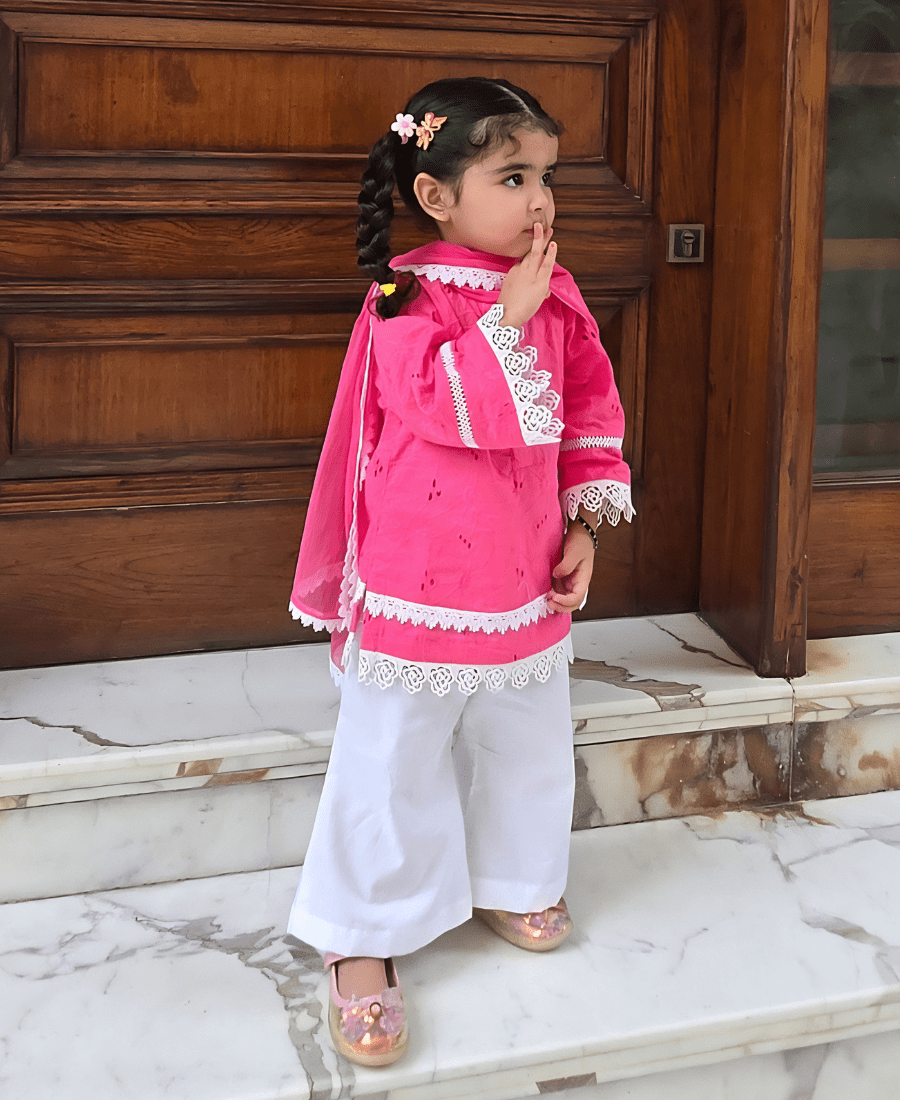 Ireshh Noor Kids Hakoba Suit Set – Pink Cotton Kurti with White Palazzo & Dupatta - Image 3