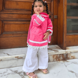 Ireshh Noor Kids Hakoba Suit Set – Pink Cotton Kurti with White Palazzo & Dupatta