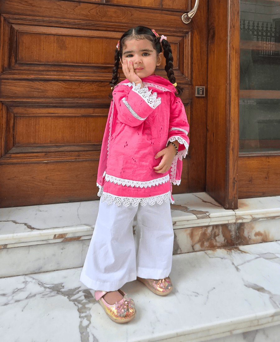 Ireshh Noor Kids Hakoba Suit Set – Pink Cotton Kurti with White Palazzo & Dupatta