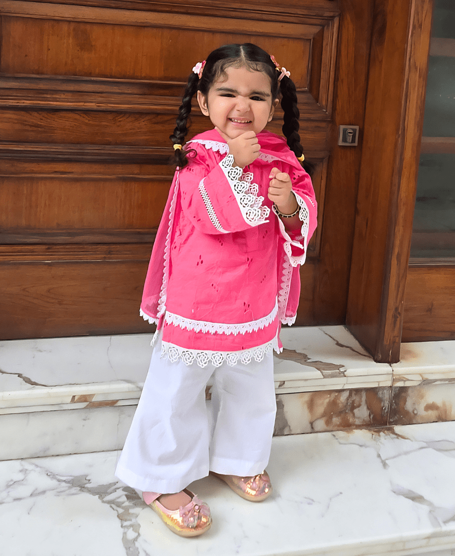 Ireshh Noor Kids Hakoba Suit Set – Pink Cotton Kurti with White Palazzo & Dupatta - Image 9