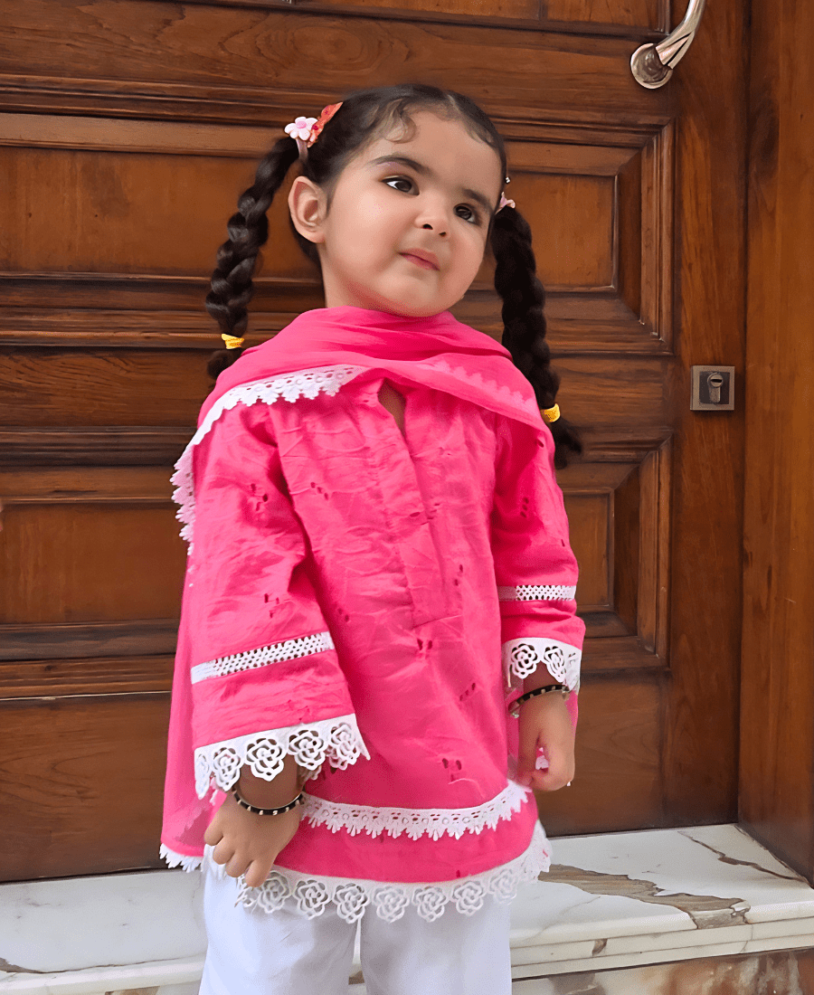 Ireshh Noor Kids Hakoba Suit Set – Pink Cotton Kurti with White Palazzo & Dupatta - Image 8