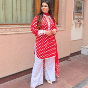 Red Polka Dots Suit Set for Women | Retro Crepe Kurta Set with Bell Bottom