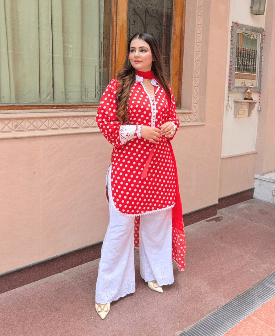 Red Polka Dots Suit Set for Women | Retro Crepe Kurta Set with Bell Bottom