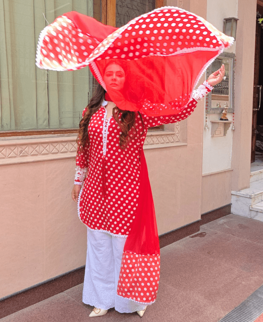 Red Polka Dots Suit Set for Women | Retro Crepe Kurta Set with Bell Bottom - Image 6