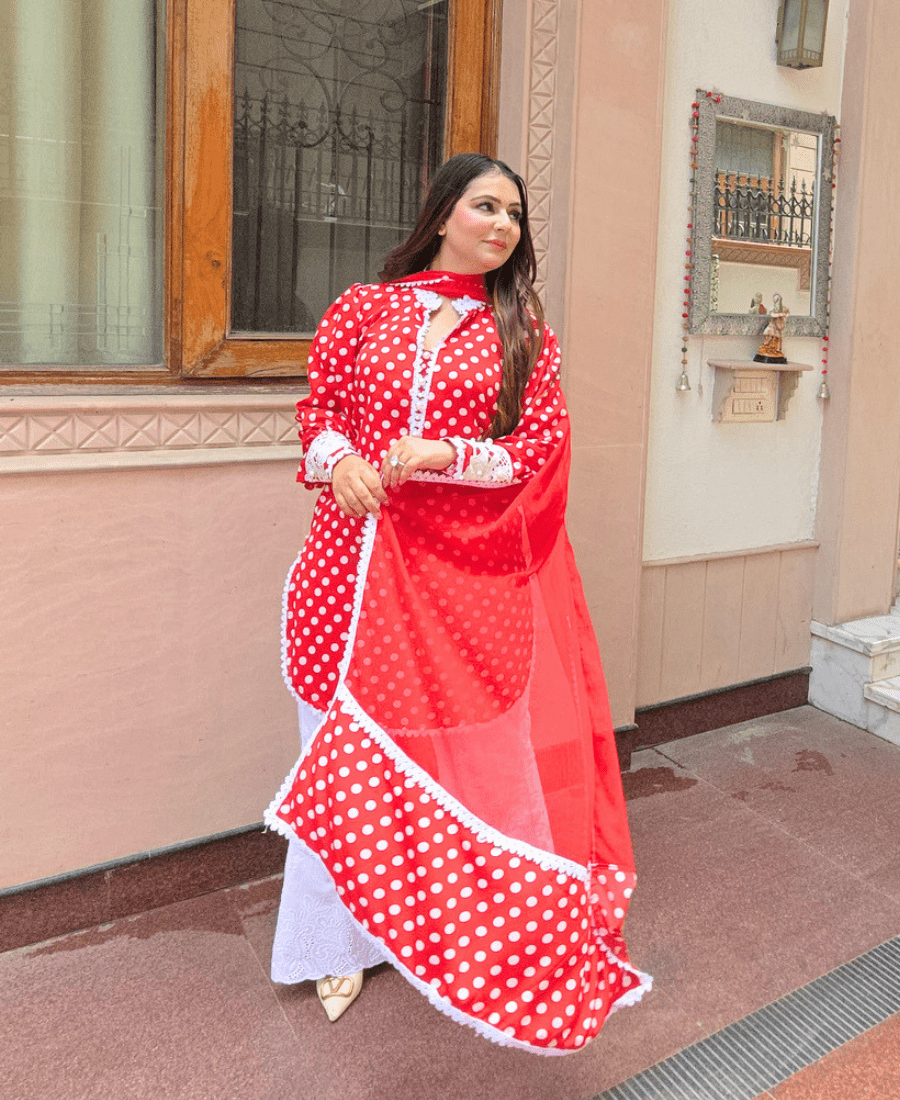 Red Polka Dots Suit Set for Women | Retro Crepe Kurta Set with Bell Bottom - Image 5