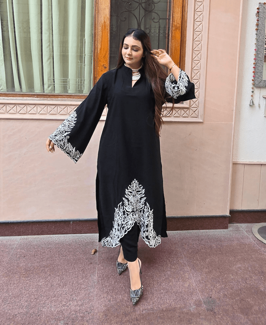 Black Pure Pakistani Co-Ord Set in Imported Luxury Crepe with Thread Embroidery
