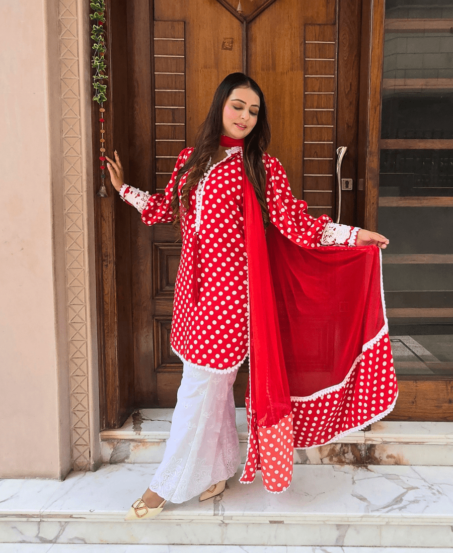 Red Polka Dots Suit Set for Women | Retro Crepe Kurta Set with Bell Bottom - Image 4