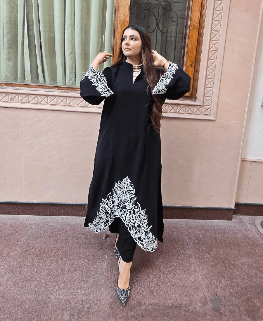 Black Pure Pakistani Co-Ord Set in Imported Luxury Crepe with Thread Embroidery - Image 6