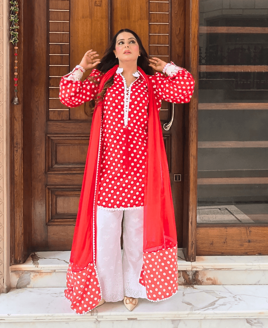 Red Polka Dots Suit Set for Women | Retro Crepe Kurta Set with Bell Bottom - Image 3
