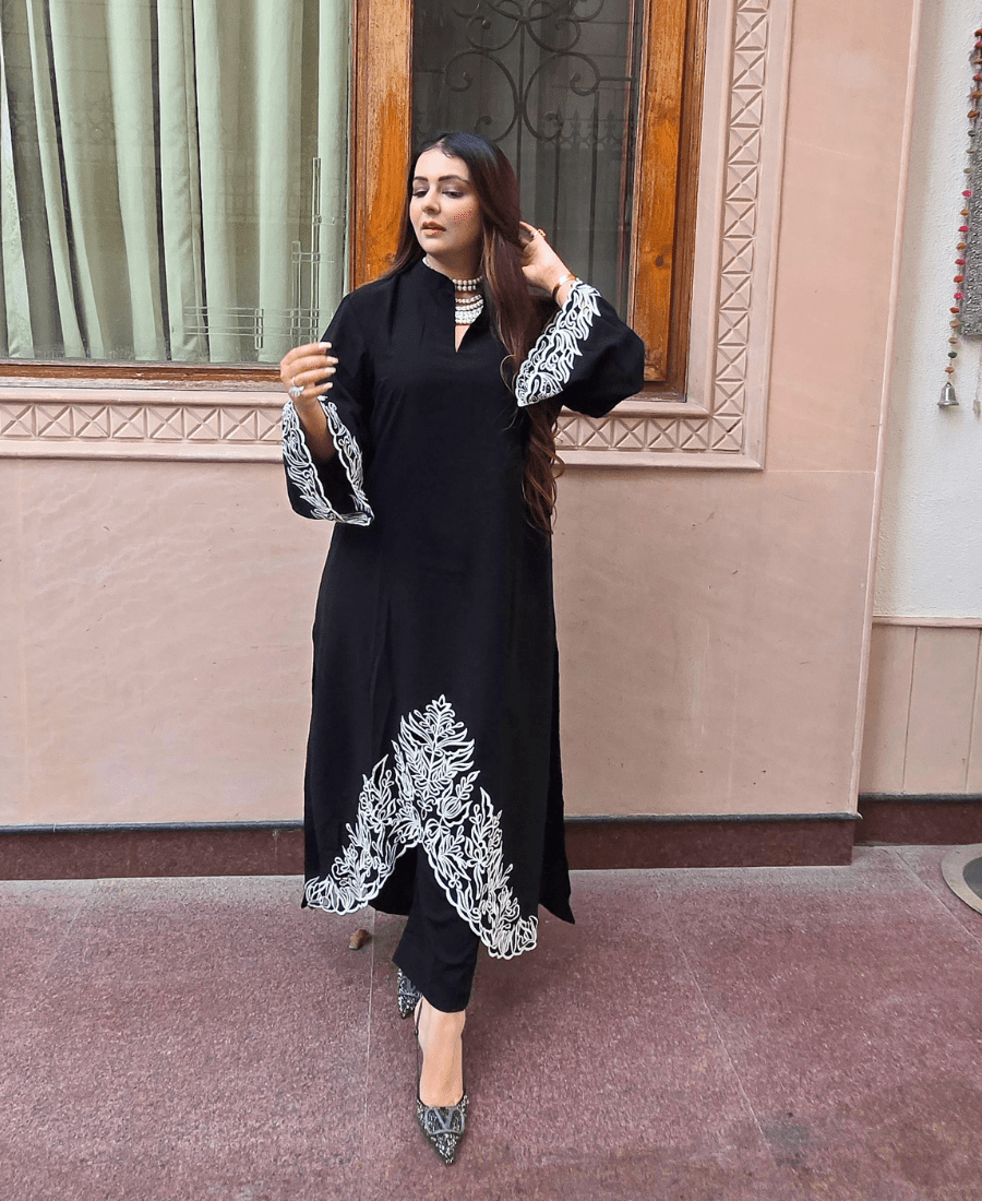 Black Pure Pakistani Co-Ord Set in Imported Luxury Crepe with Thread Embroidery - Image 5