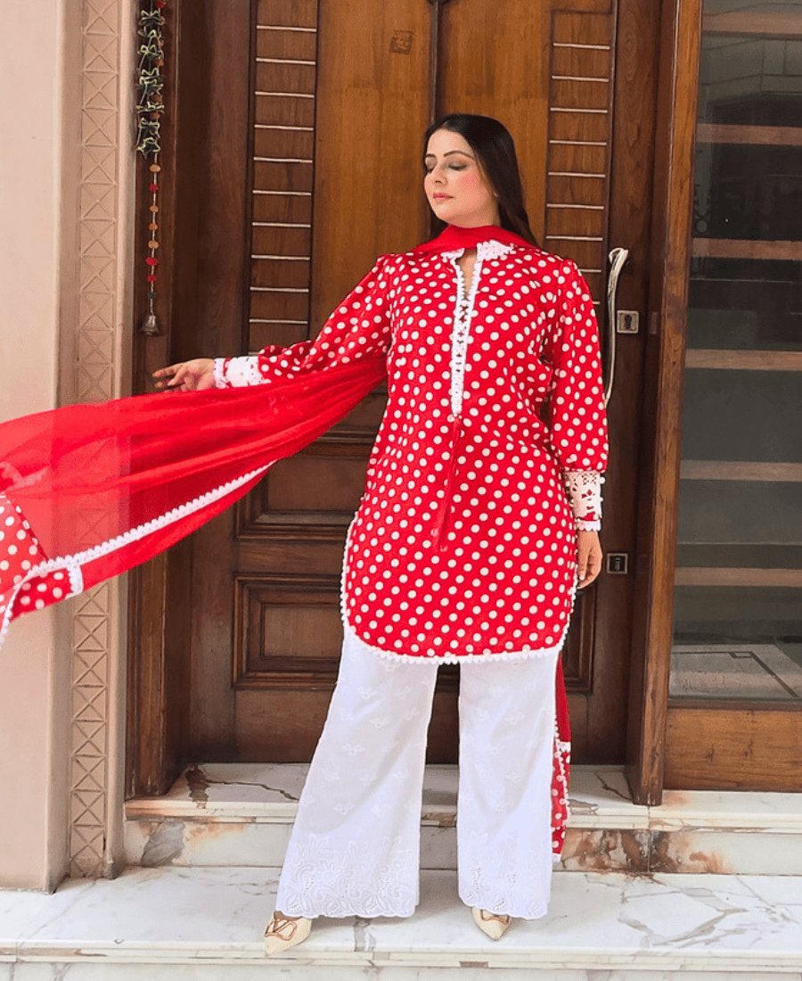 Red Polka Dots Suit Set for Women | Retro Crepe Kurta Set with Bell Bottom - Image 2