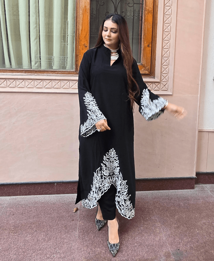 Black Pure Pakistani Co-Ord Set in Imported Luxury Crepe with Thread Embroidery - Image 4