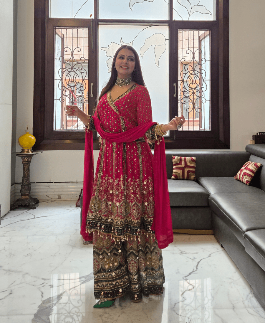 Pink Sharara Set | Pure Natural Crepe Handwork Sharara Set - Image 5