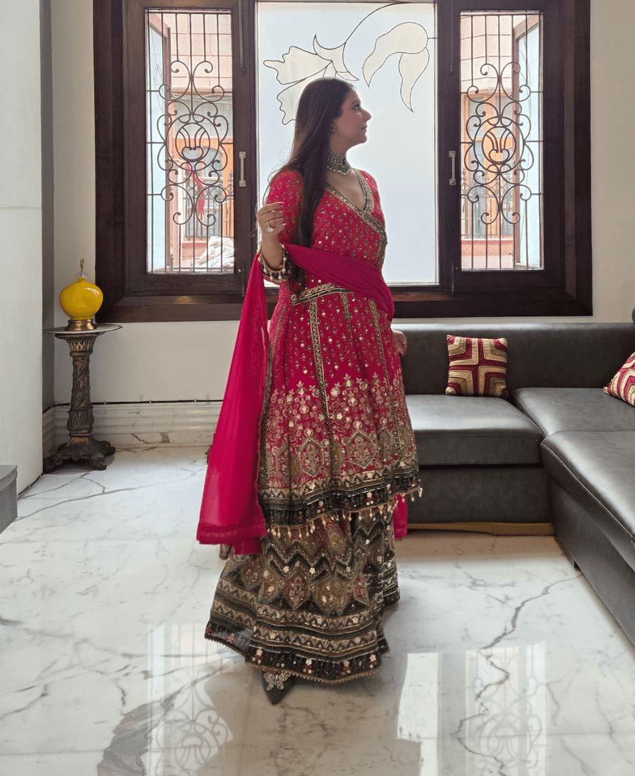 Pink Sharara Set | Pure Natural Crepe Handwork Sharara Set - Image 6