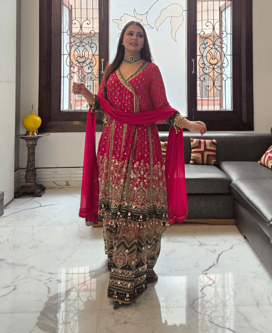 Pink Sharara Set | Pure Natural Crepe Handwork Sharara Set - Image 7