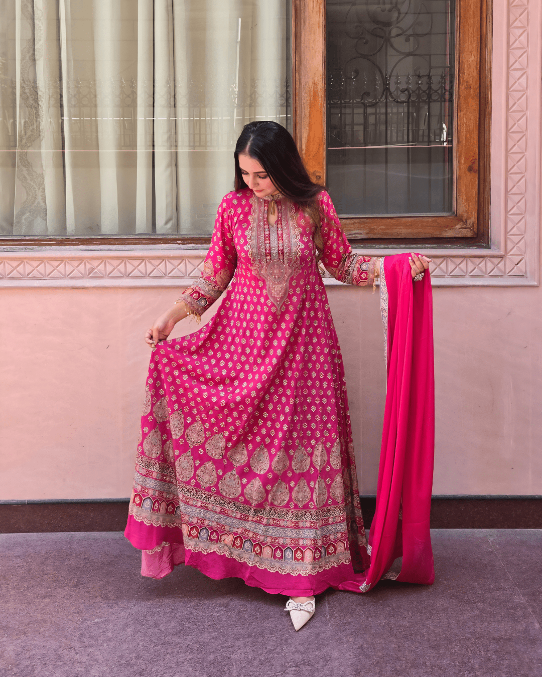 Pink Crepe Anarkali | Handworked Keyhole Neck Festive Wear - Image 7