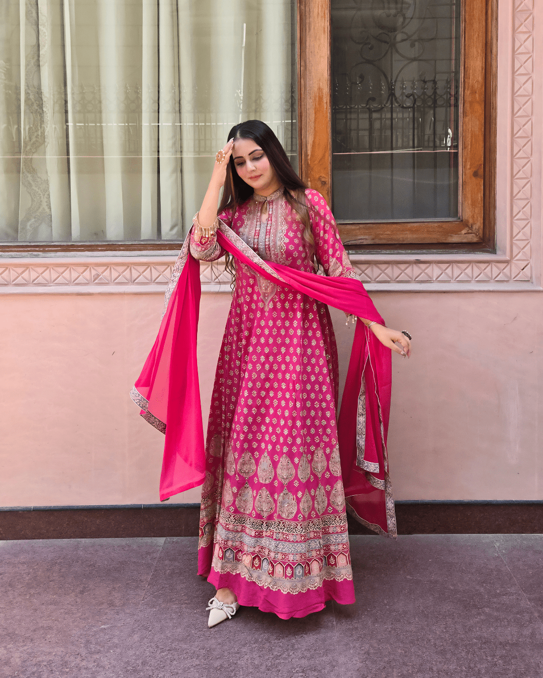 Pink Crepe Anarkali | Handworked Keyhole Neck Festive Wear - Image 6