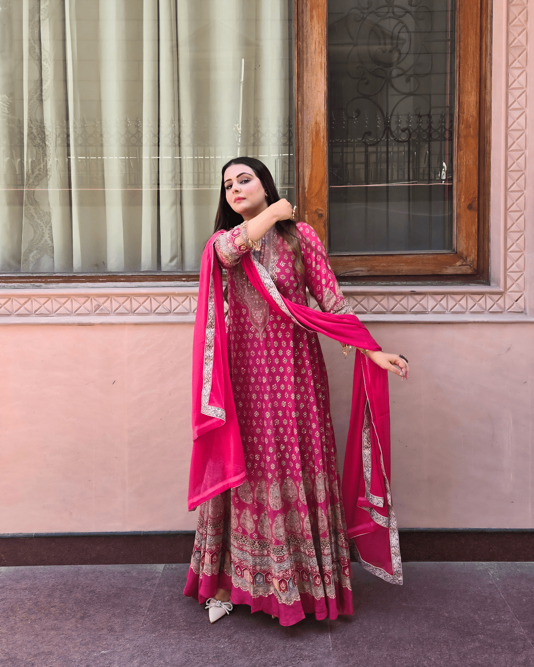 Pink Crepe Anarkali | Handworked Keyhole Neck Festive Wear - Image 5