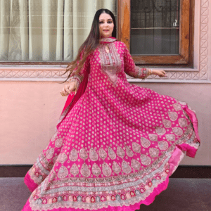 Pink Crepe Anarkali | Handworked Keyhole Neck Festive Wear