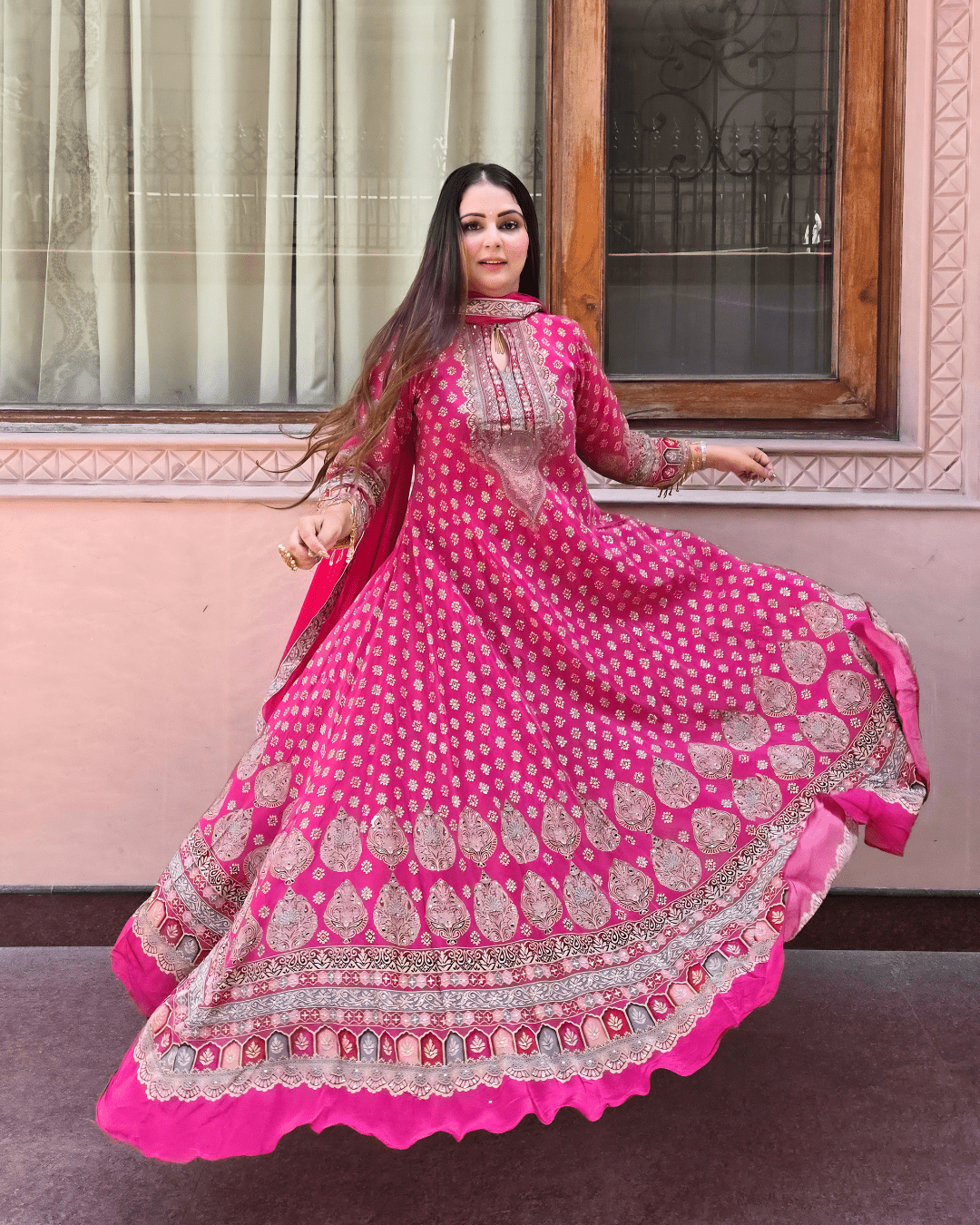 Pink Crepe Anarkali | Handworked Keyhole Neck Festive Wear