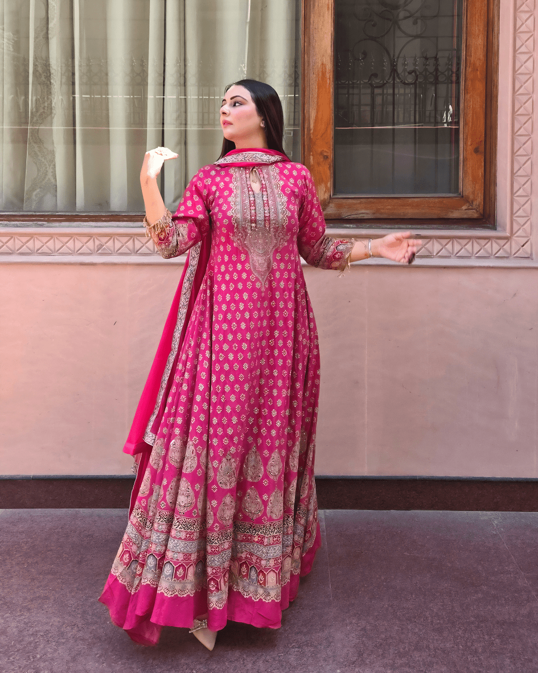 Pink Crepe Anarkali | Handworked Keyhole Neck Festive Wear - Image 3