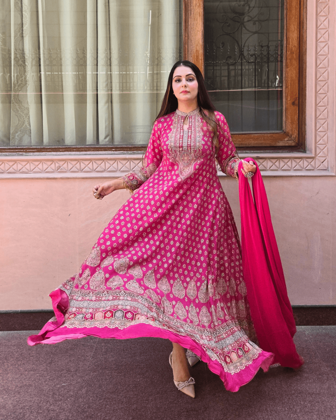 Pink Crepe Anarkali | Handworked Keyhole Neck Festive Wear - Image 2