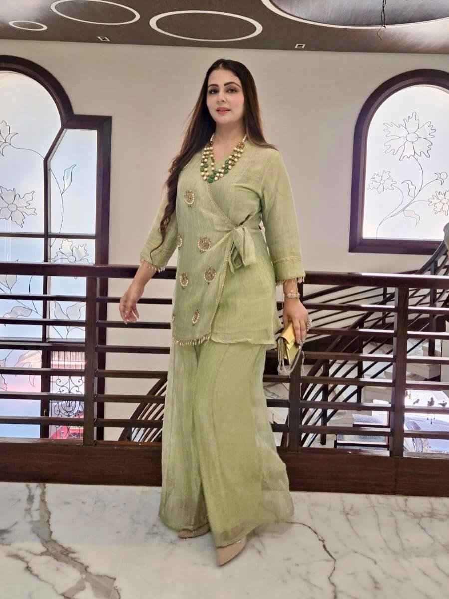 Swarna Sage Co-ord Set Pure Tissue Salsa Handworked - Image 2