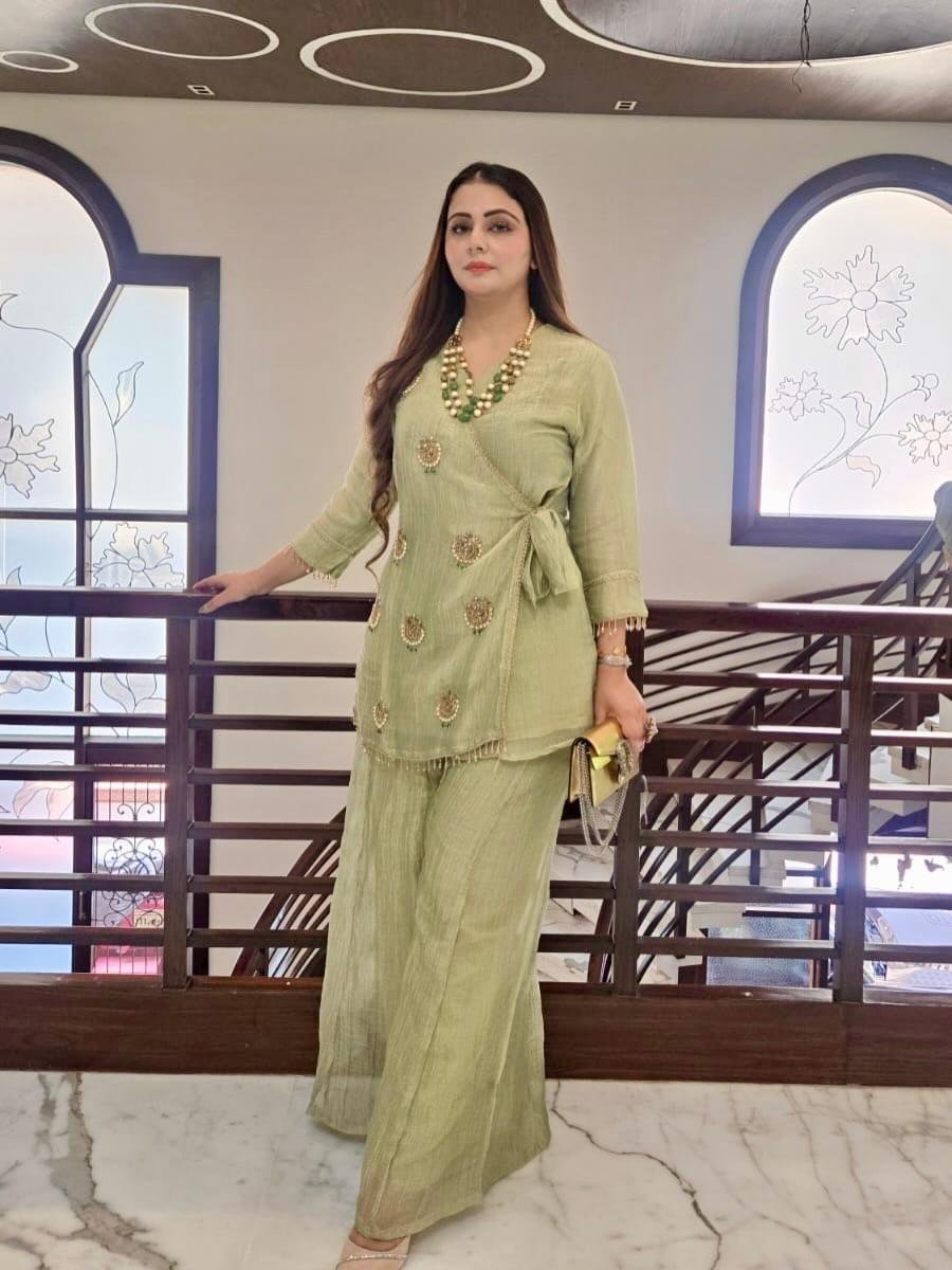 Swarna Sage Co-ord Set Pure Tissue Salsa Handworked